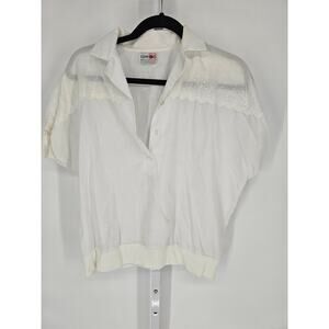 Square One Women's White Eyelet Lace Details Half Button Short Sleeve Top Sz XL